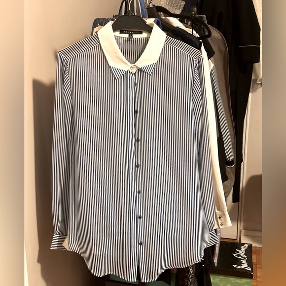 T Tahari Tops - Elie Tahari TREND Blue and White Striped Button Down Shirt